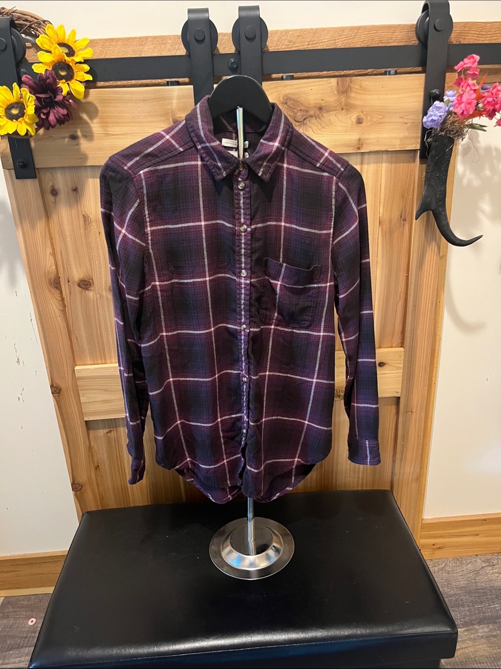 American Eagle Outfitters Purple Plaid Button-Down Shirt with White Accents